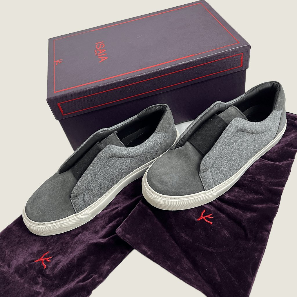 View of the Isaia Men's Slip Sneaker On with Box and Covers