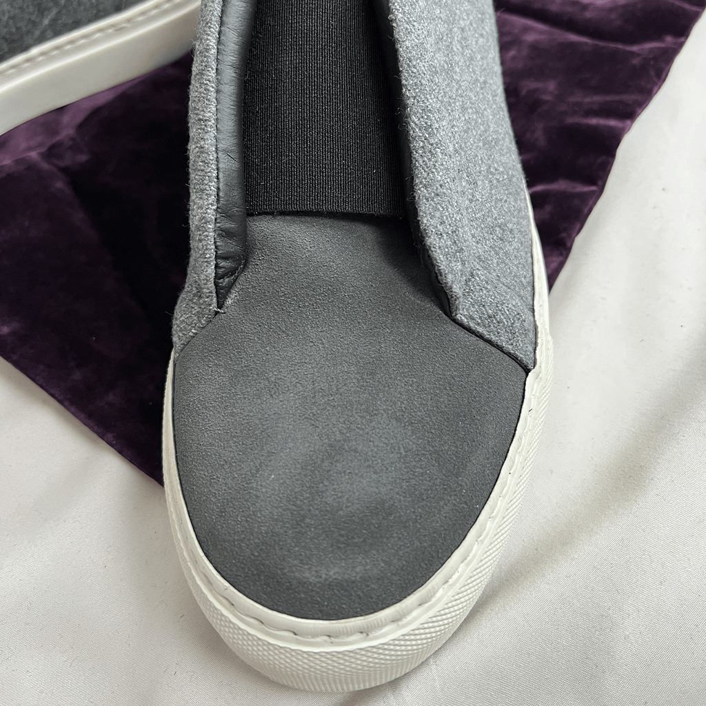 Detail View of the Suede Toes on the Isaia Men's Slip Sneaker On 