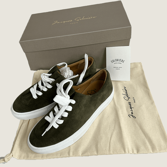 Front View of the Jacques Soloviere Herve Lace Up Sneakers with box and dust cover