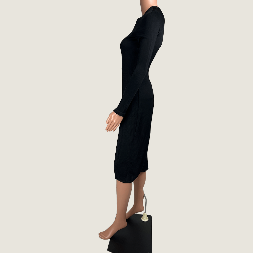 Side view of the Josh Goot black midi knit long sleeve dress