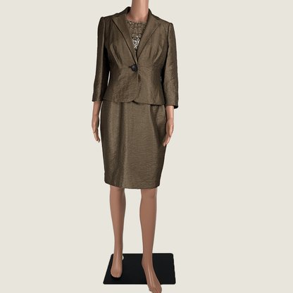 Front view of the Kay Unger New York Dress And Jacket Set in Bronze