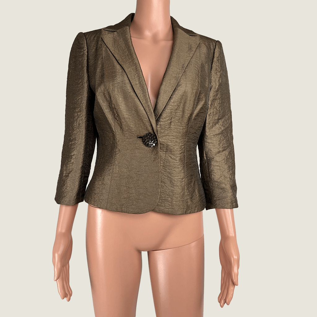 Front view of the Kay Unger New York Bronze single breast jacket