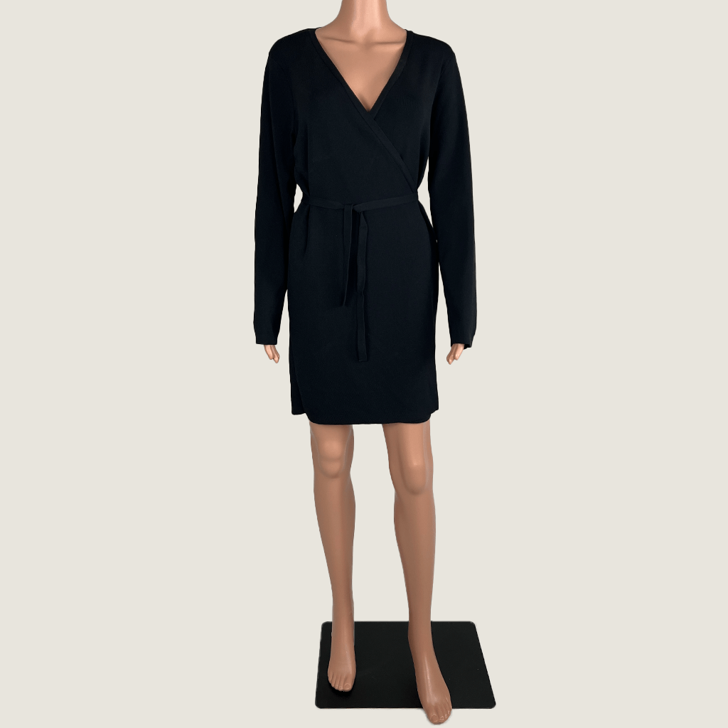 Front View of the Legoe Black Knit Wrap Midi Dress