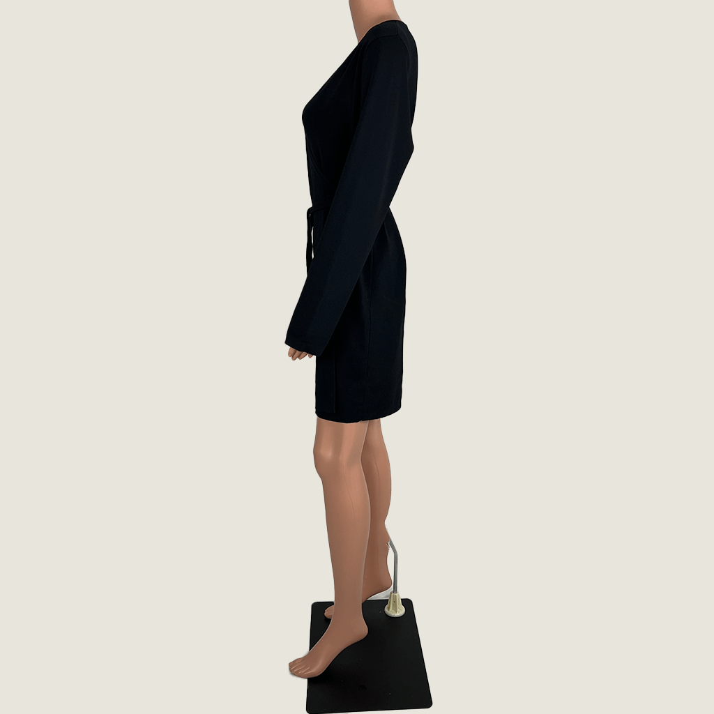 Side View of the Legoe Black Knit Wrap Midi Dress