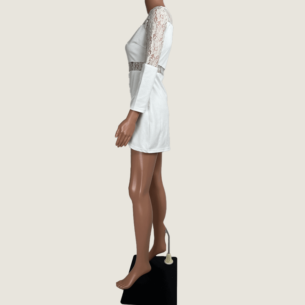 Side view of Levantine White Cut Out Midi Dress 