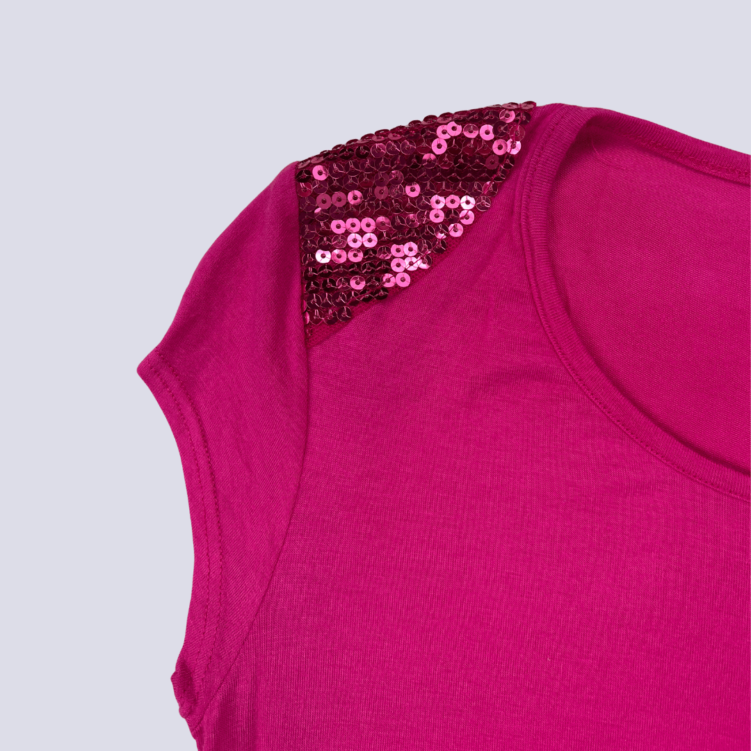 Front shoulder detail view of the Love Hot Pink T-Shirt