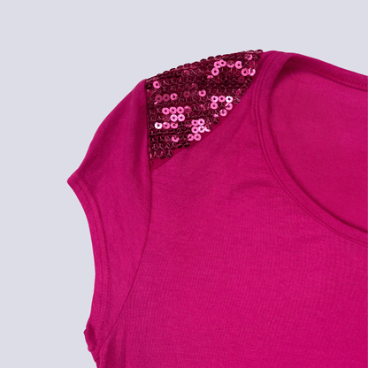 Front shoulder detail view of the Love Hot Pink T-Shirt