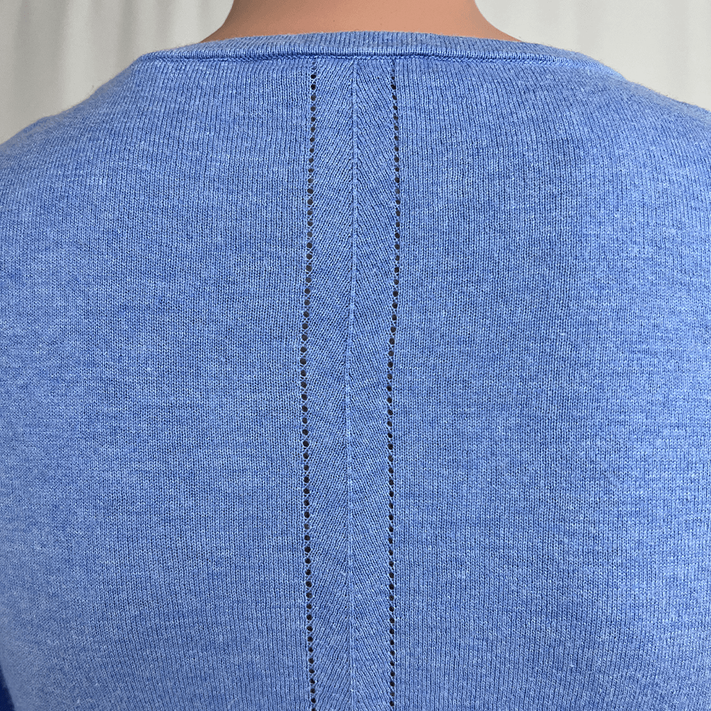 Back close up view of knit featured stitching on Marcs Light Weight Baby Blue Sweater