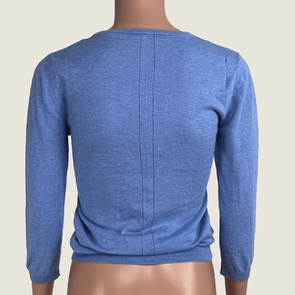 Back view of Marcs Light Weight Baby Blue Sweater with 3 quarter sleeves and Featured knit down center 