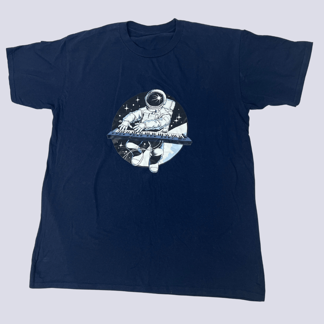 Front view of a men's t-shirt with space graphic