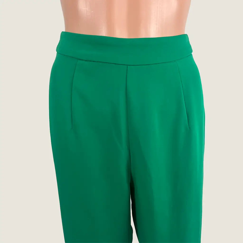 Front Detail View of the Meshki Woman's Pant Green Wide Leg