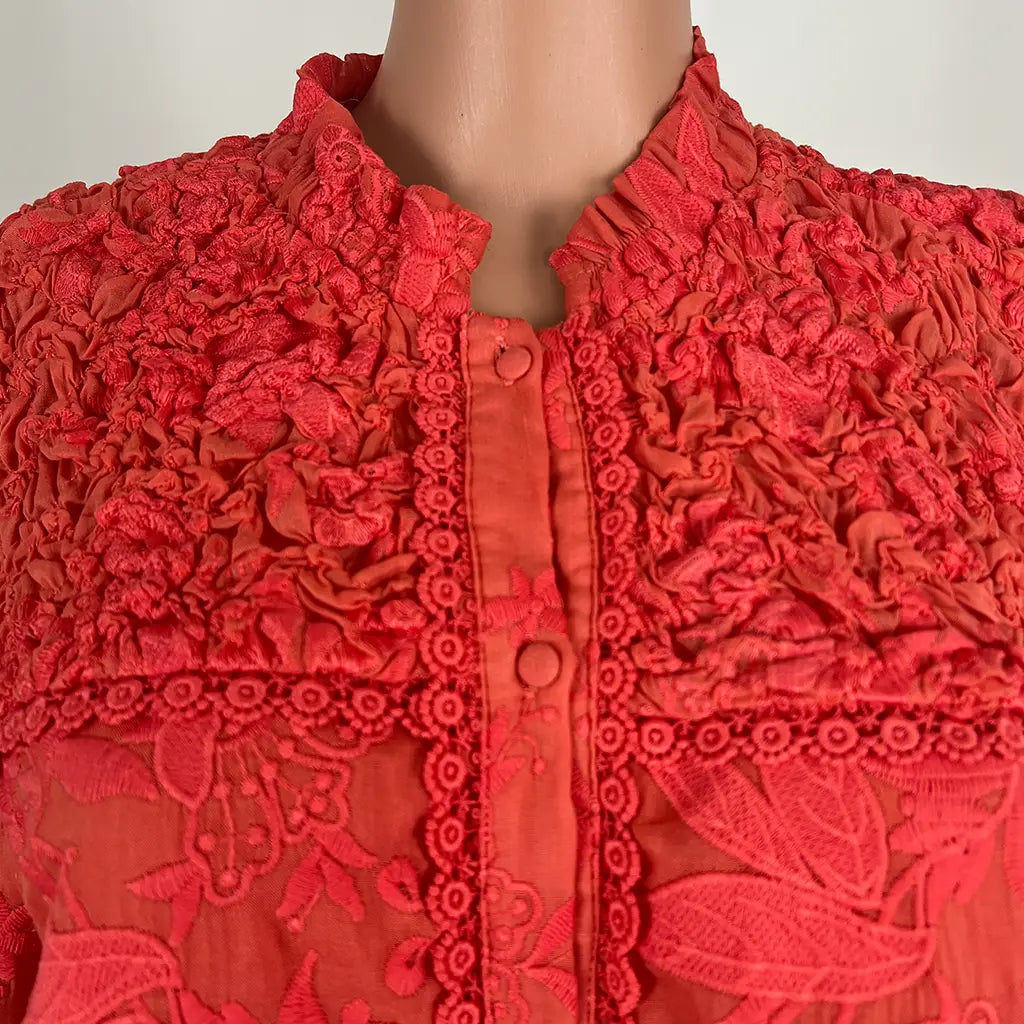 Front Collar View of the Ministry of Style Red Long Sleeve Daphne Blouse