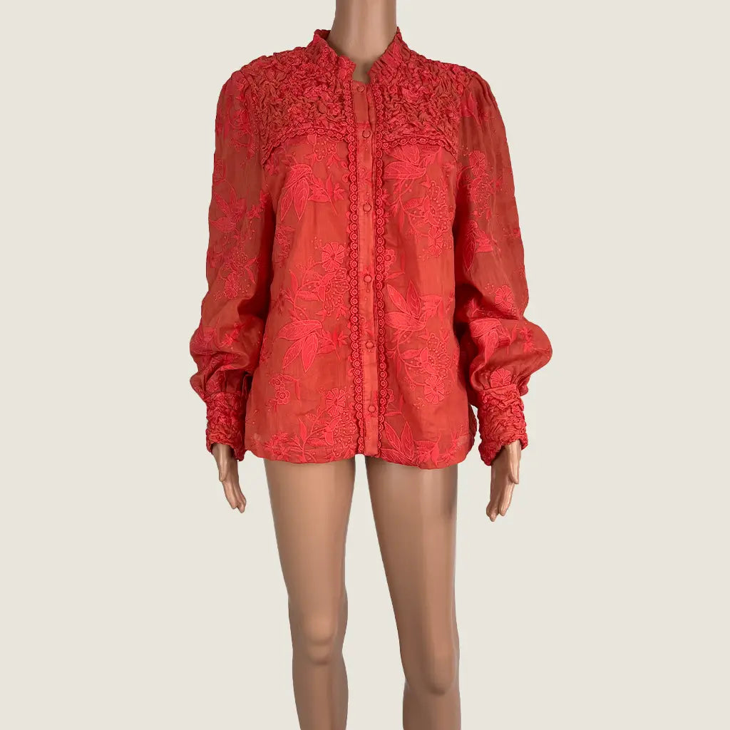 Front View of the Ministry of Style Red Long Sleeve Daphne Blouse