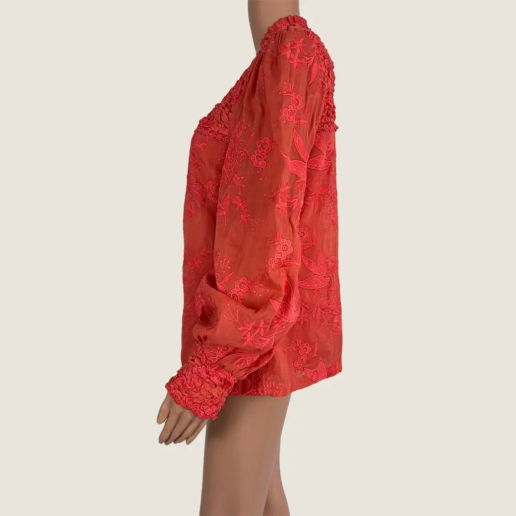 Side View of the Ministry of Style Red Long Sleeve Daphne Blouse