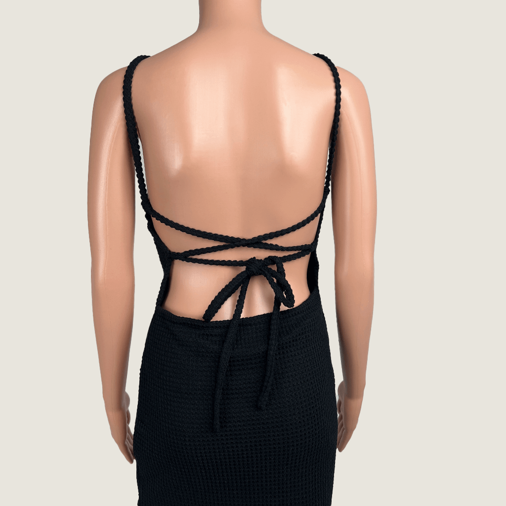 Niay Knit Bubble Mini Summer Dress Black Back Strap Detail
