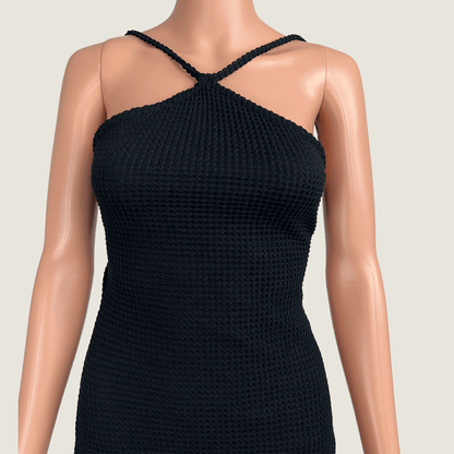 Niay Knit Bubble Mini Summer Dress Black Neckline Detail