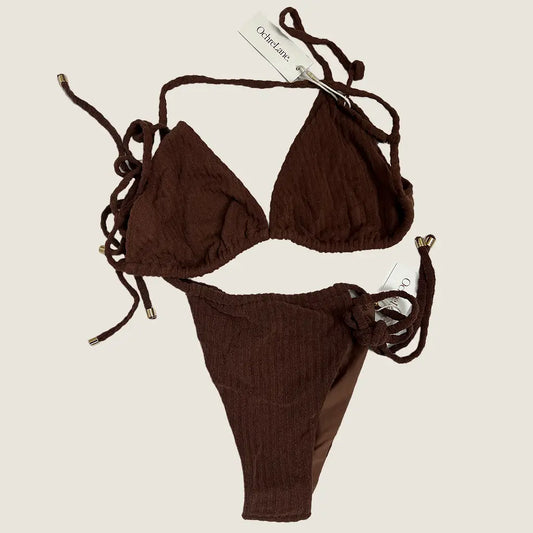 Front View of the Ochre Lane Triangle String Ribbed Towelling Bikini