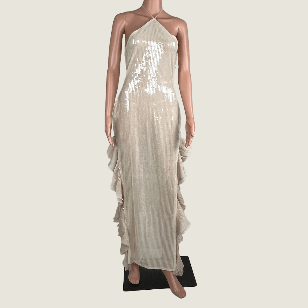 Front View of the Ooh The Label Saturn evening Nude Sequin Gown