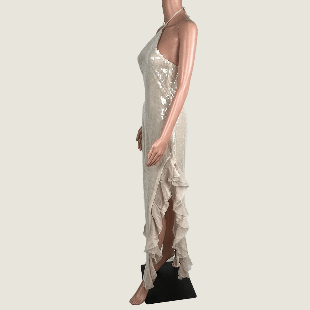 Side View of the Ooh The Label Saturn evening Nude Sequin Gown