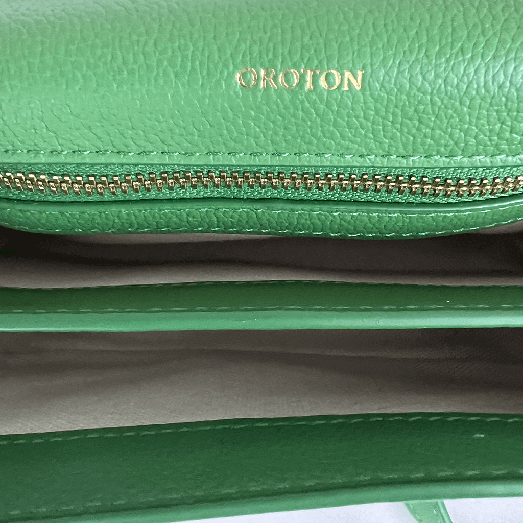 Inside  View of the Oroton Green Leather Handbag