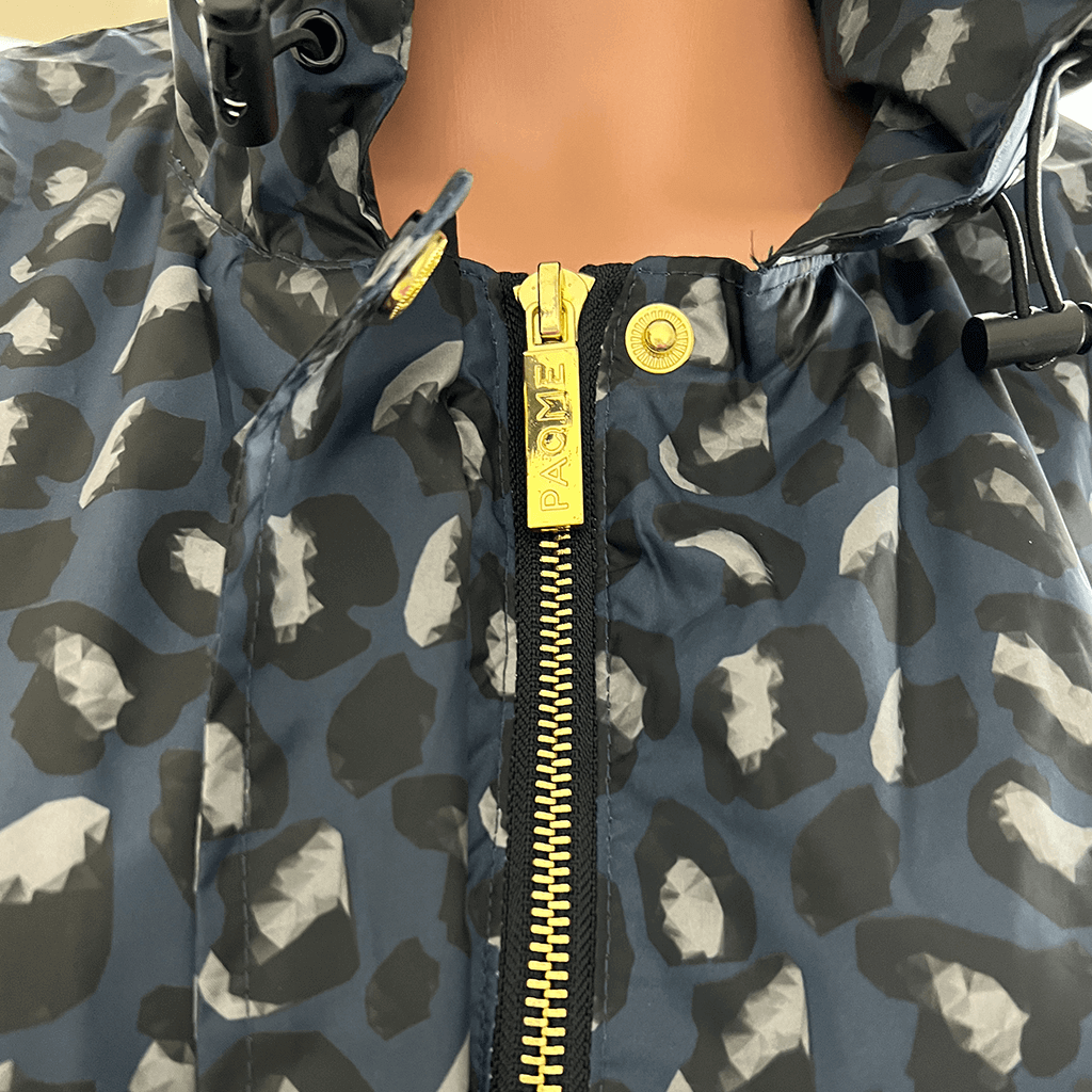 Paqme 3/4 Womens Raincoat Geo Blue Front  Collar Zip Detail