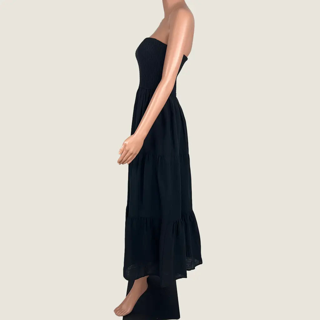 Side View of the Pink Diamond Black Zoe Strapless Shirred Bodice Tiered Dress