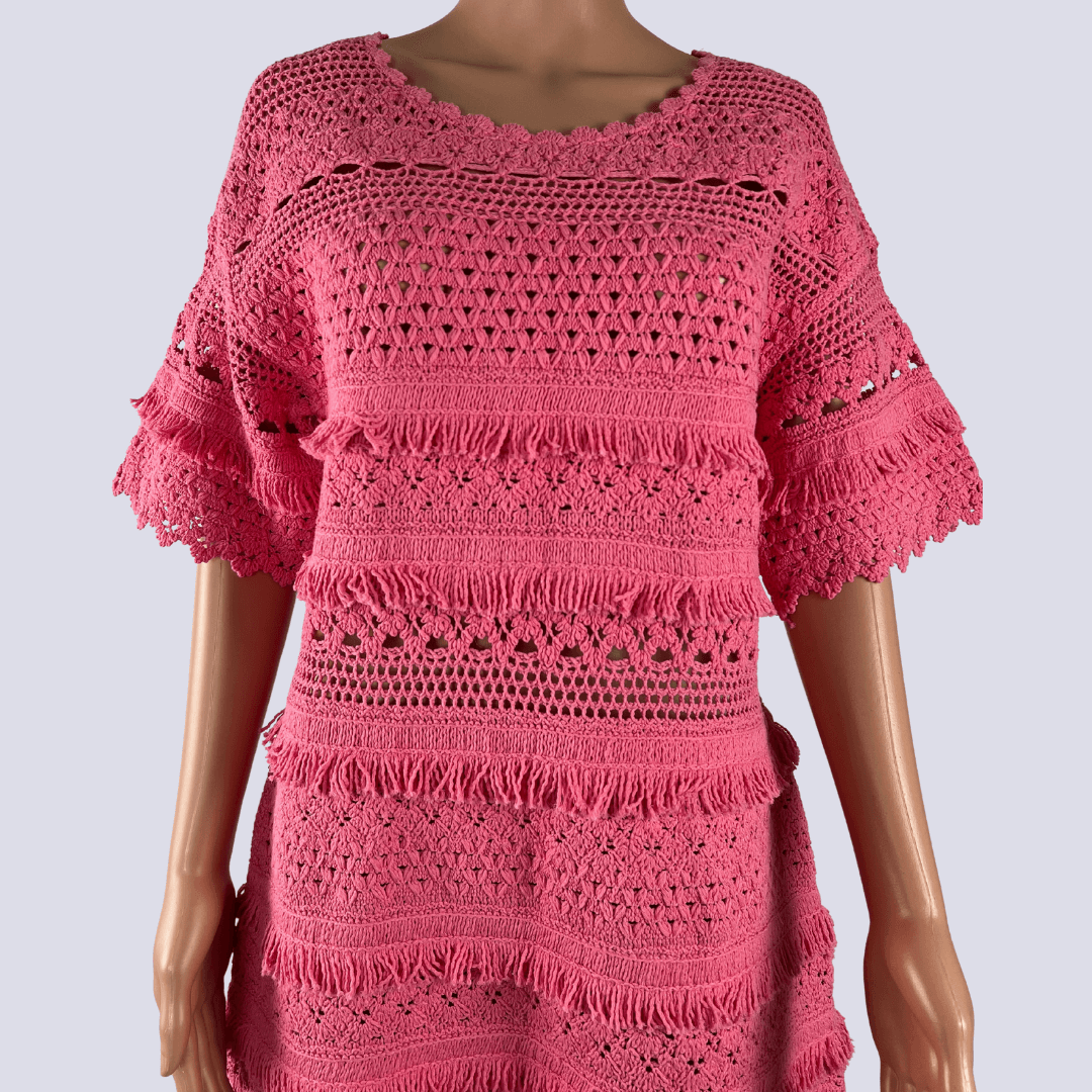 Front detail view of the Maji Pink Crochet Dress