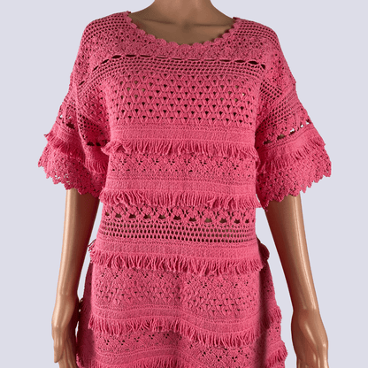 Front detail view of the Maji Pink Crochet Dress
