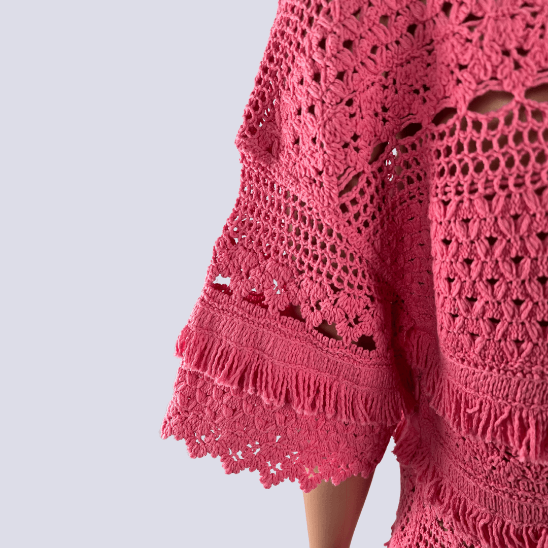 Shoulder sleeve view of the Maji Pink Crochet Dress