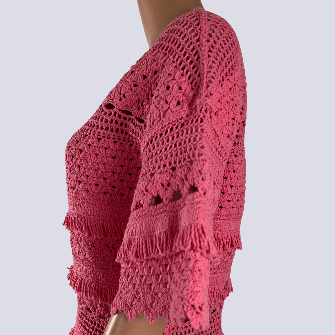 Side sleeve detail view of the Maji Pink Crochet Dress