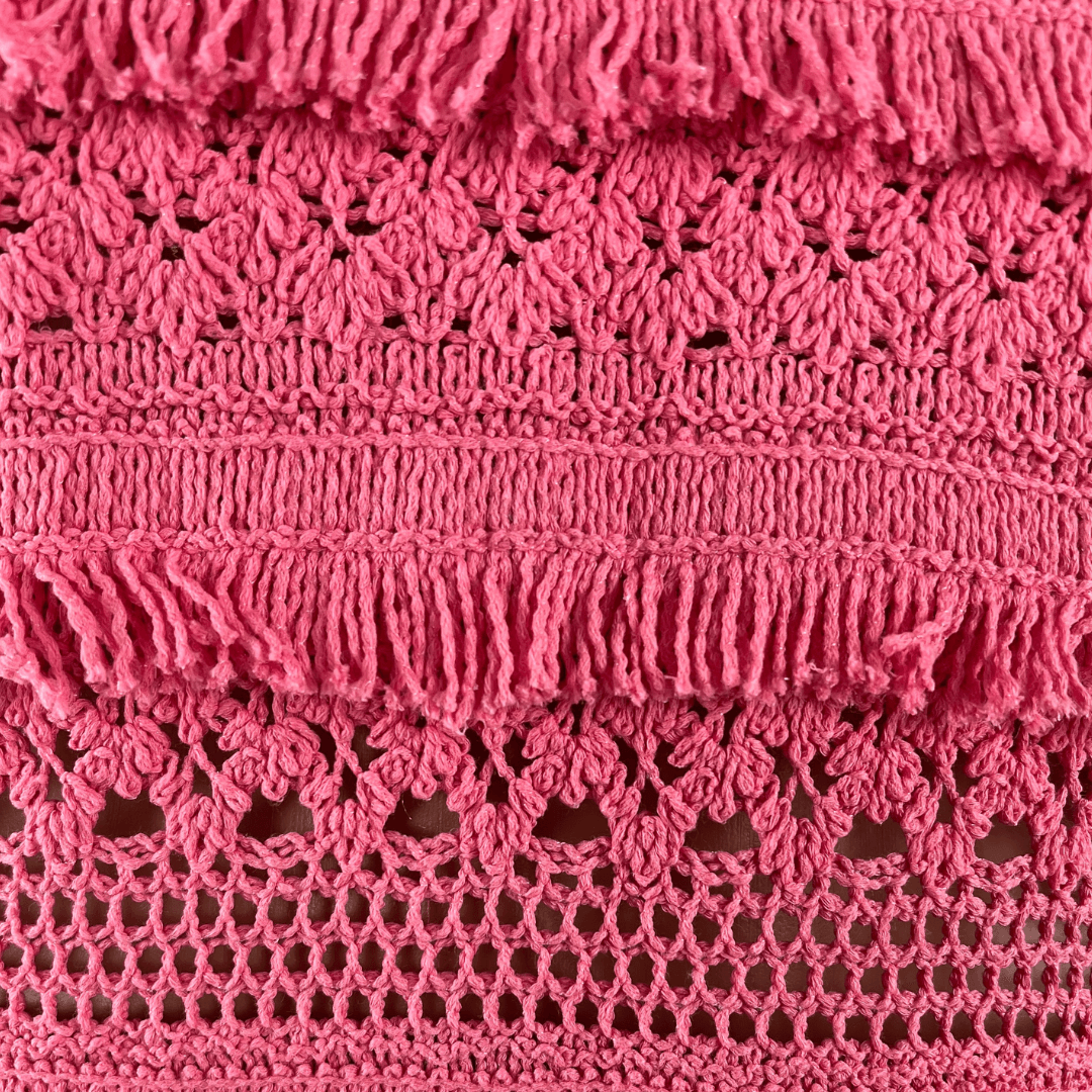 Fabric detail view of the Maji Pink Crochet Dress