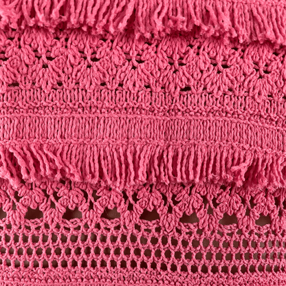 Fabric detail view of the Maji Pink Crochet Dress