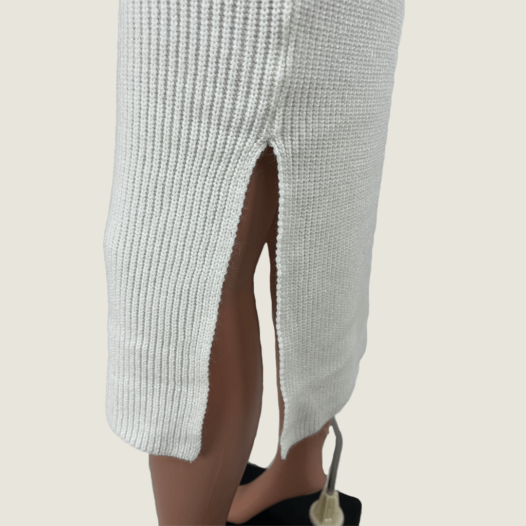 Front close up view of the split on the Princess Polly Zanna midi knit skirt 