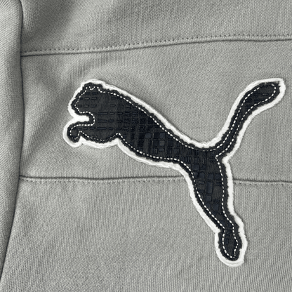 Front logo detail view of the Puma two tone hoodie