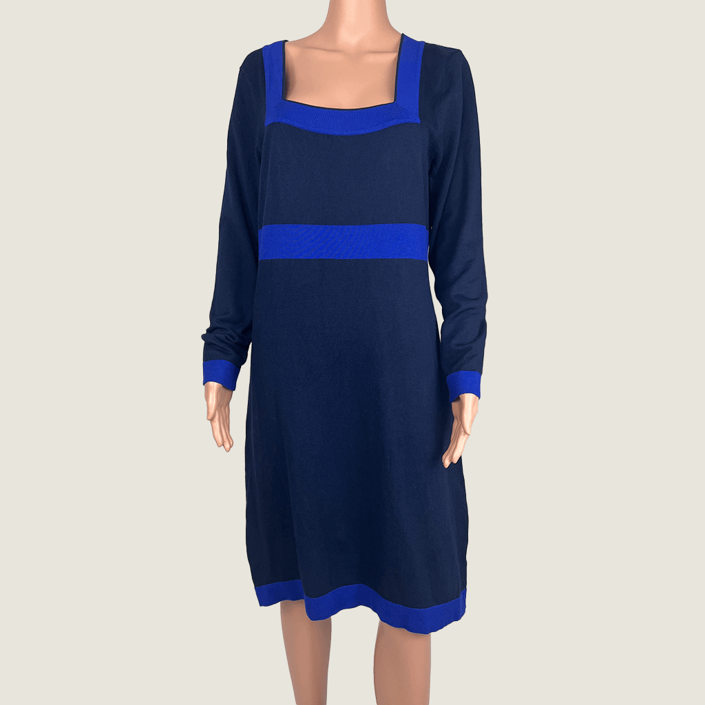 Queenspark Ladies Black Knit Midi Dress With Royal Blue Trim Front