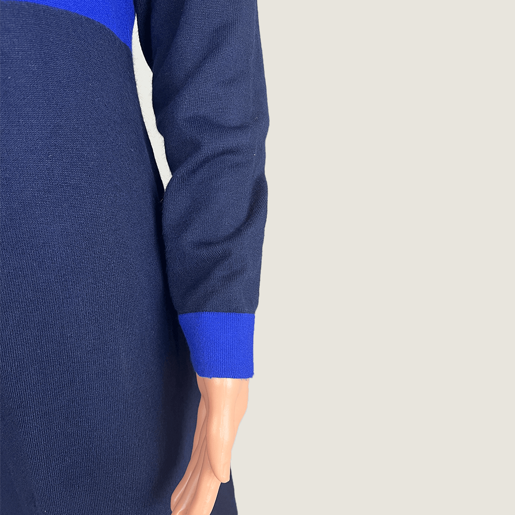 Queenspark Ladies Black Knit Midi Dress With Royal Blue Trim Sleeve Right Detail