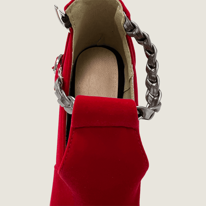 Red Faux Suede Shoes With Block Heel Chain Detail