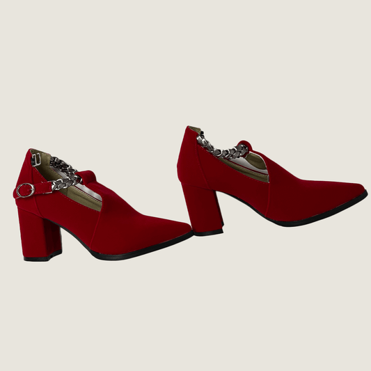 Red Faux Suede Shoes With Block Heel Pair
