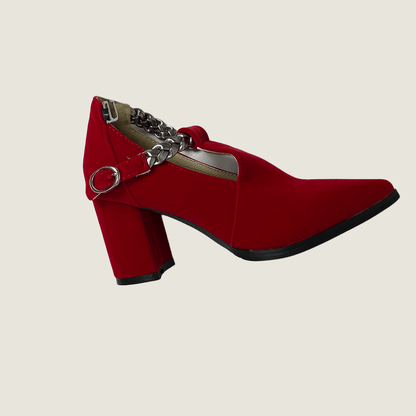 Red Faux Suede Shoes With Block Heel