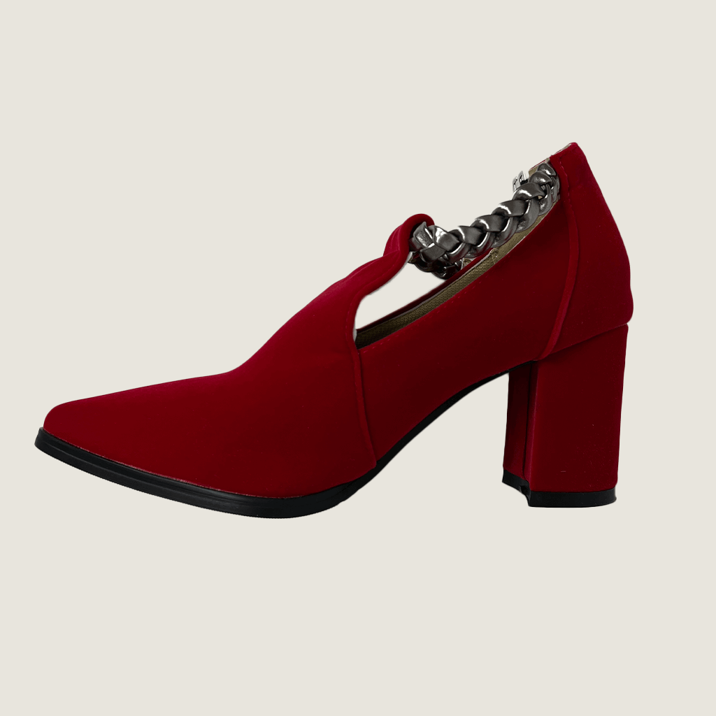 Red Faux Suede Shoes With Block Heel Side