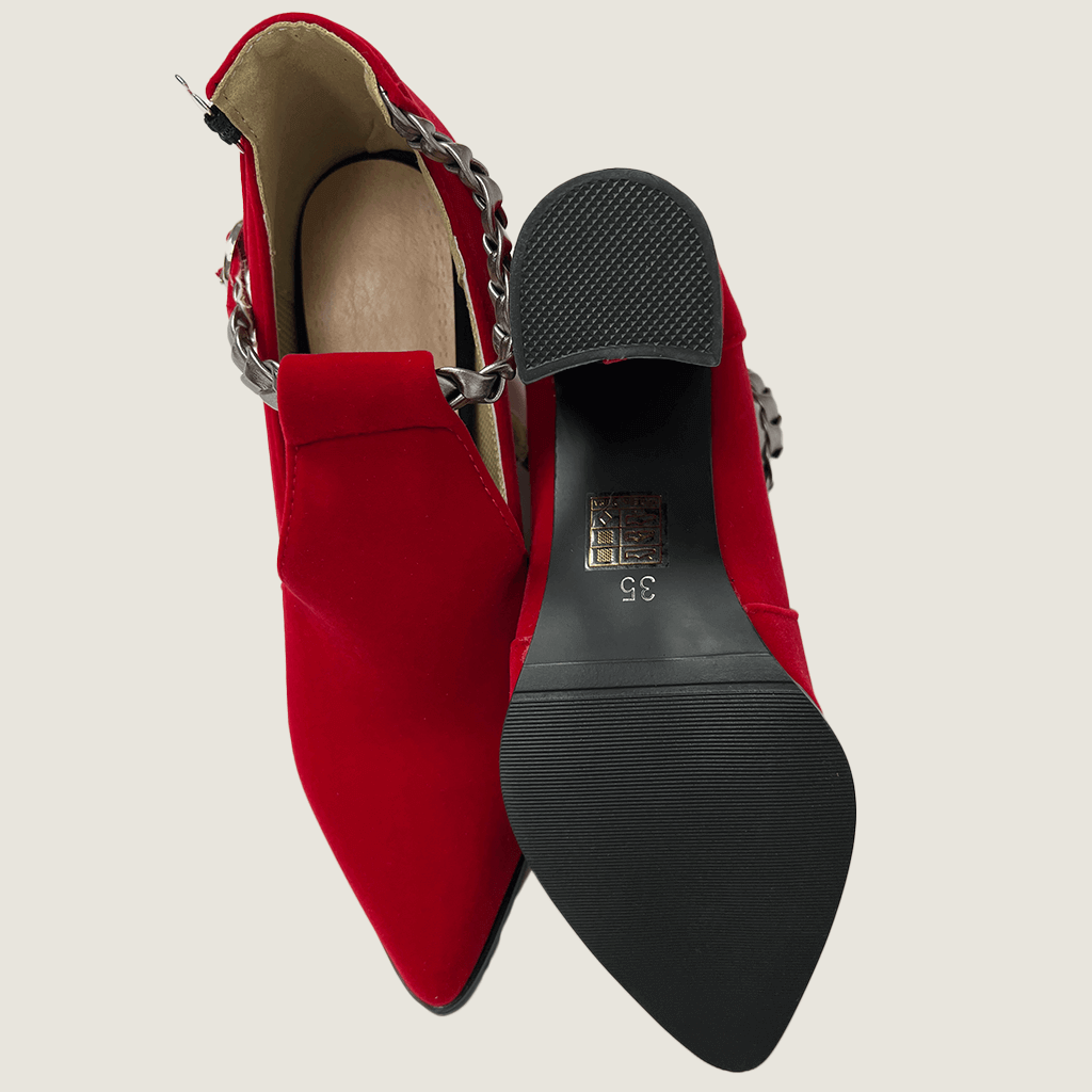 Red Faux Suede Shoes With Block Heel Sole