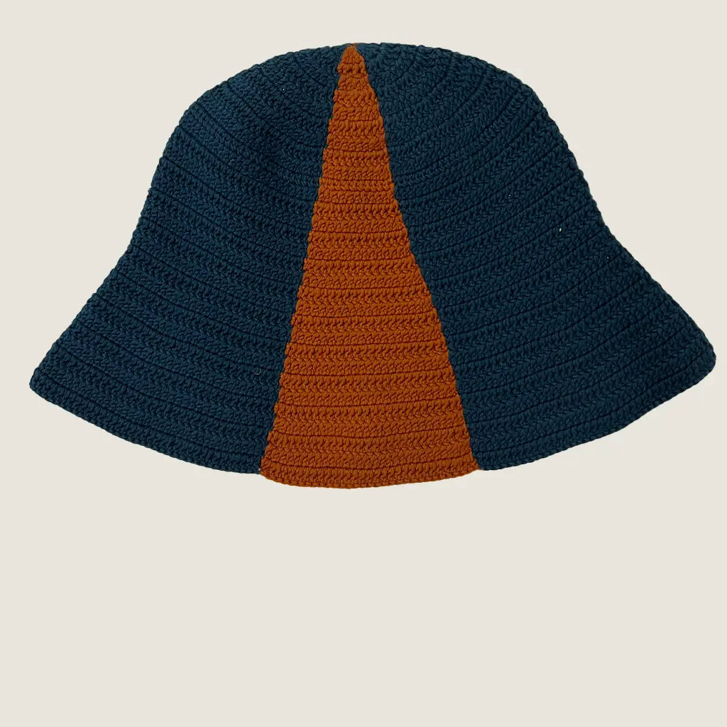 Front View of the Rutt Crochet Brown and Blue Hat