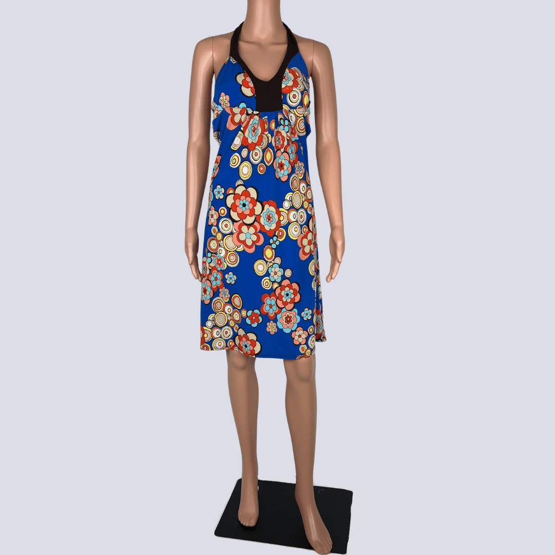 Front view of the SO-U floral halter-neck dress