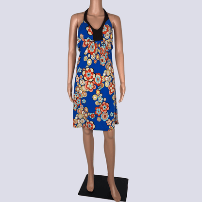 Front view of the SO-U floral halter-neck dress