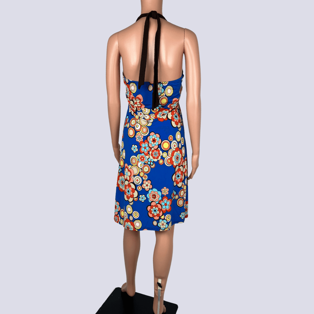 Back view of the SO-U floral halter-neck dress