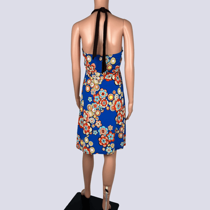 Back view of the SO-U floral halter-neck dress