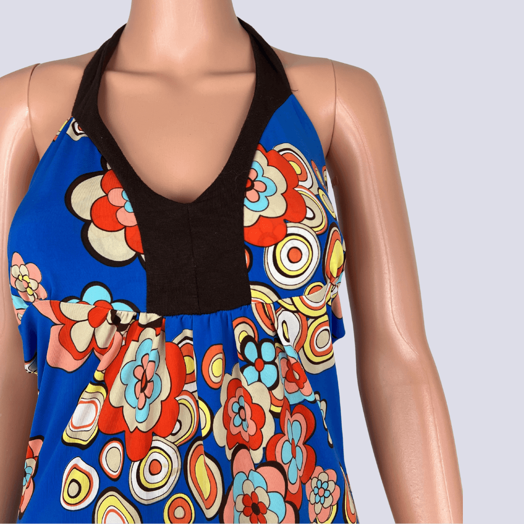 Front detail view of the SO-U floral halter-neck dress