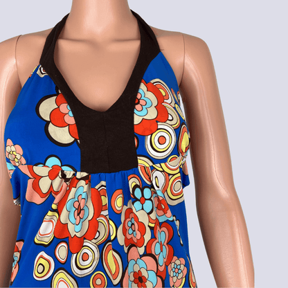 Front detail view of the SO-U floral halter-neck dress