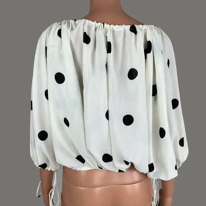 Back View of the Sassy Hills Fashion Polka Dot Drawstring Blouse