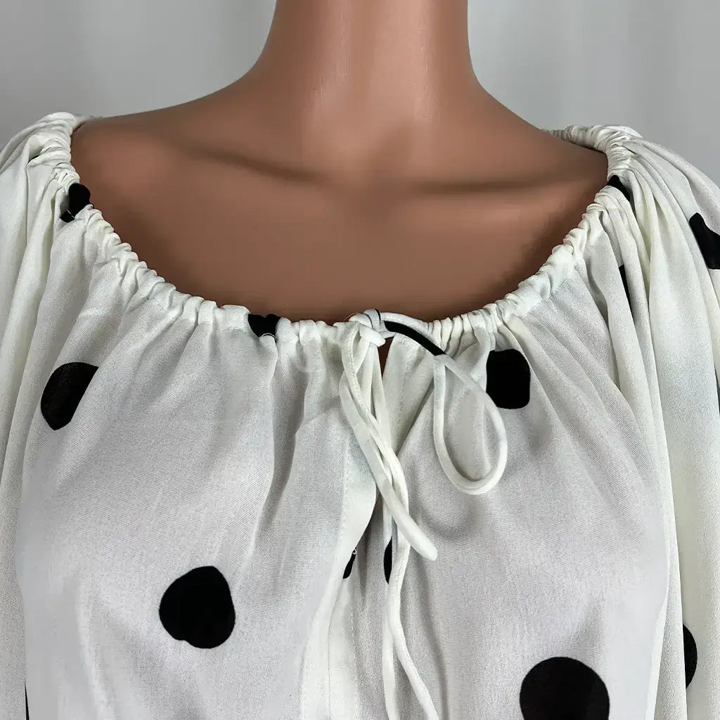 Front Detail View of the Collar on the Sassy Hills Fashion Polka Dot Drawstring Blouse